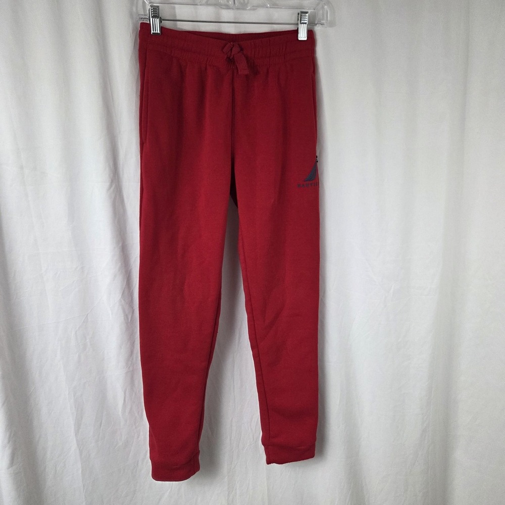 Nautica Pants Kids 10-12 Red Fleece Joggers Sweatpants Cuffed Drawstring Logo